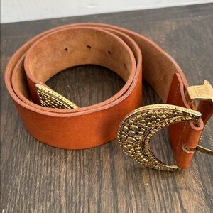 Vintage B-Low the Belt Tan Leather belt w/ gold tone accent buckle, 36.5” length